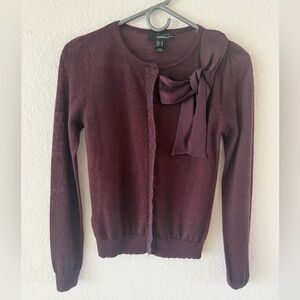 Mango Suit/Burgundy Wool Blend Bow-Accent Cardigan
